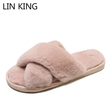 

LIN KING New Winter Women Home Slippers with Faux Fur Fashion Warm Shoes Woman Slip on Flats Female Slides Black Pink Plus Size