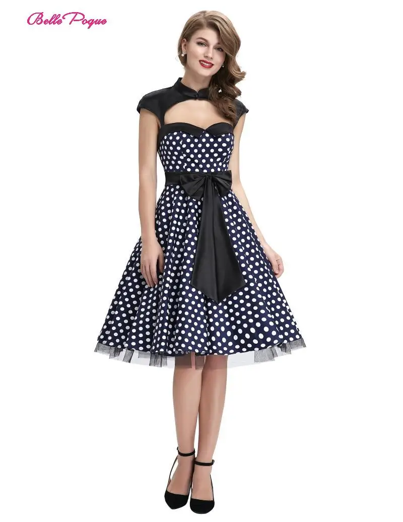 

Belle Poque Vintage Women's Fashion Bow-knot Polka dot Hollowed Neck Summer Dress Casual Cap Sleeve Elegant A-Line Party Dress