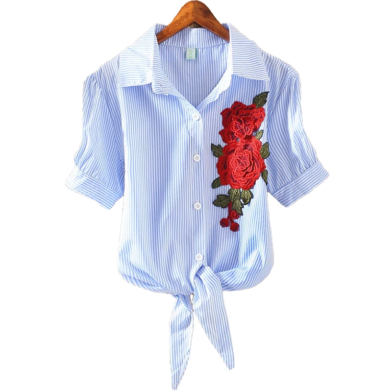 

Women Embroidery Blouses Beach Crop Top Causal Knotted Hem Shirt Short Sleeve Blouse Women Summer Tops blusa feminina 2019