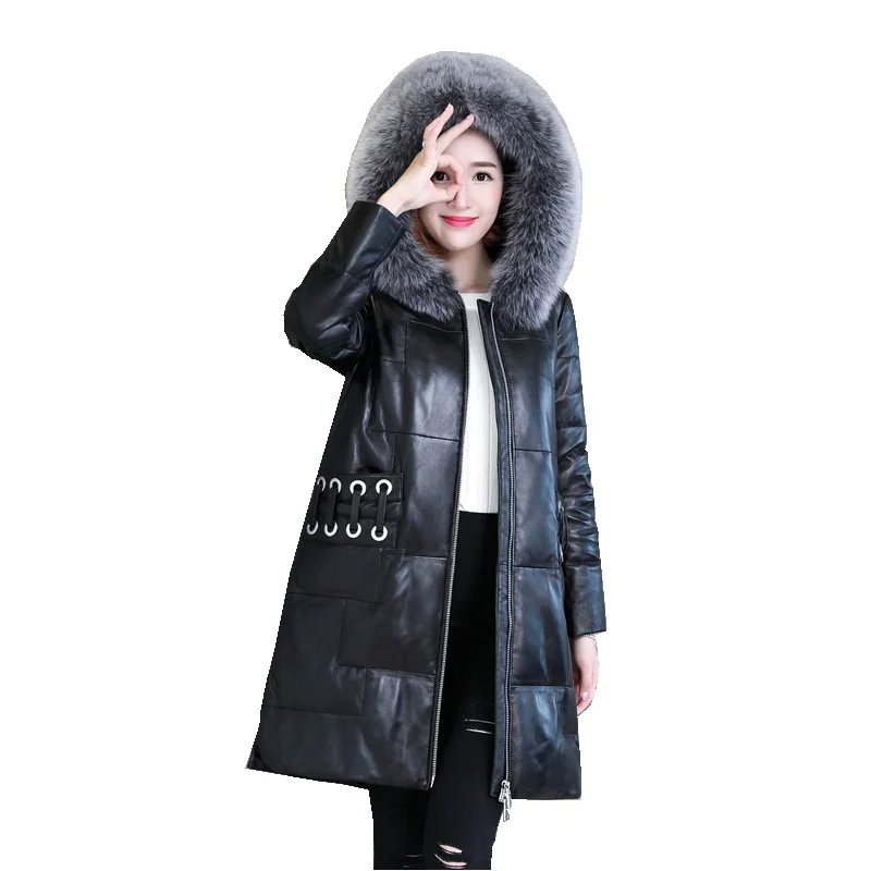 

Luxury Genuine Sheepskin Leather Suede Coat Jacket Fox Fur Hoody Autumn Winter Women Slim Outerwear Coats LF4255