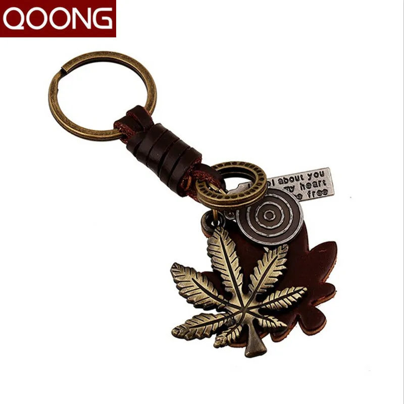

QOONG Hot Pure Manual Weaving Retro Punk Key Chain Maple Leaf Men Women Key Ring 100% Genuine Leather Metal Keychain QZ53-004
