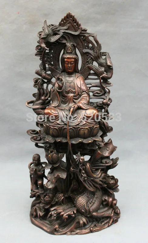 

18" Chinese Pure Bronze Dragon Phoenix Kid Lotus Pot Kwan-yin GuanYin Statue