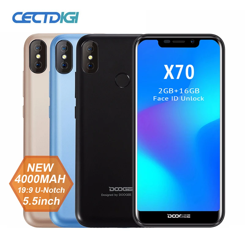 

2018 New DOOGEE X70 Smartphone Face 5.5'' U-Notch 19:9 MTK6580 Quad Core 2GB RAM 16GB ROM Dual Camera 8.0MP Android 8.1 4000mAh