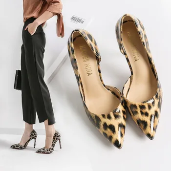 

218 spring autumn new patent leather pointed leopard-print high shoes thin mouth professional club shoes size 33 41 elegant