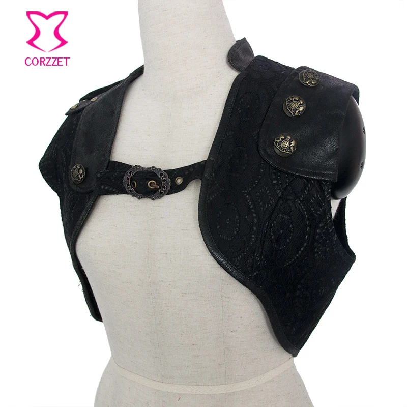 Greatest  Retro Punk Black Floral Lace & PU Leather Sleeveless Gothic Jacket Women Short Bolero Outwear Women