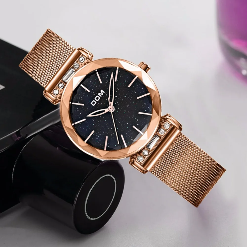 DOM роскошные женские часы из розового золота минимализм звездное небо пряжка модные повседневные женские наручные часы водонепроницаемые G-1245GK-1M