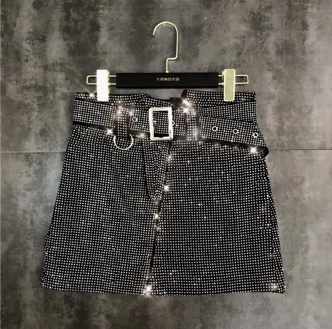 

2019 Spring New Arrival Fashion Water Drill High Waist Mini Skirts Lady Retro Hot Drill Shiny Belt Short A-line Skirts