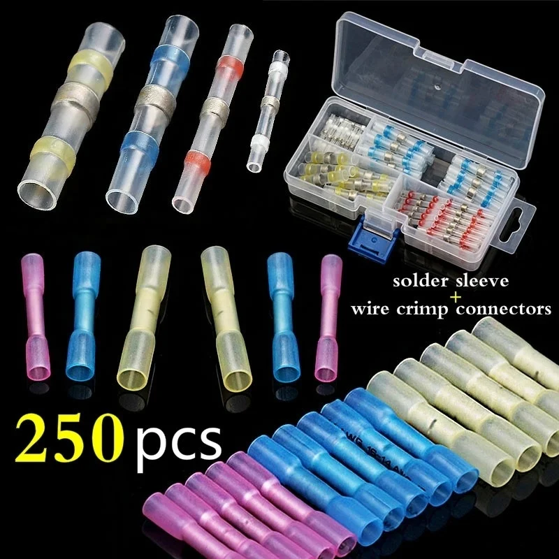 

250PCS Insulated Heat Shrink Connectors Set Solder Sleeve Connectors Crimp Connectors Heat Shrinkage Wire Butt Connectors Set