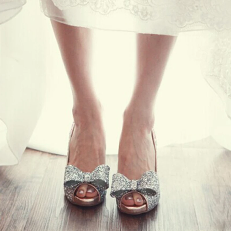 Glitter Silver P Toe Shoes Bridal Wedding Dress 4 Inches Glitter Silver P Toe Shoes Bridal Wedding Dress 4 Inches Heel Party Prom With Bowtie In Women S Pumps From On Aliexpress Alibaba