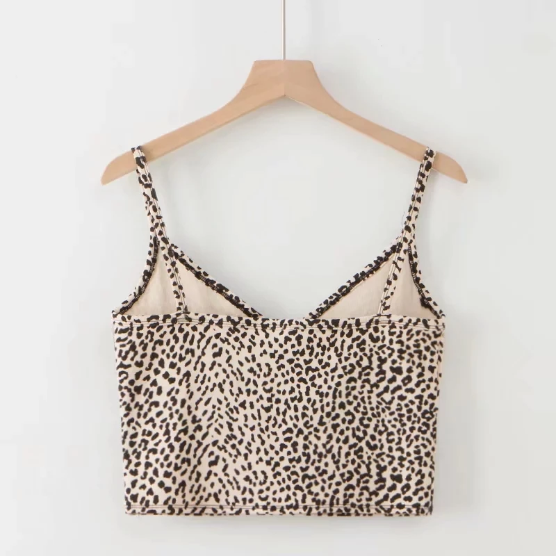 Women Cotton Blend Crossover V-neck Leopard Print Crop Tank Top