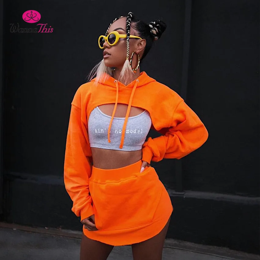 

InstaHot Sexy 2 pcs Sets Women Hooded Long Sleeve Supper Short Crop Tops Elastic Mini Front Pocket Skirts Suits 2 Piece Sets