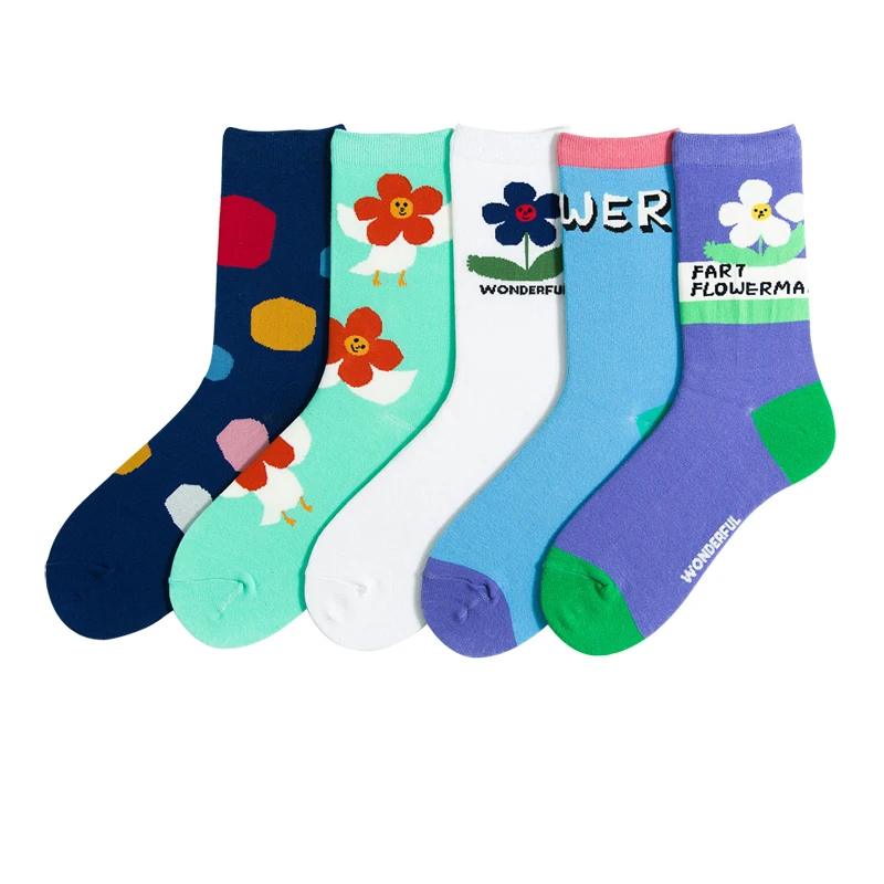 

New Design 5 Pairs A Lot Women Sweet Socks Cotton Letters Flowers White Blue Ladies Funny Socks