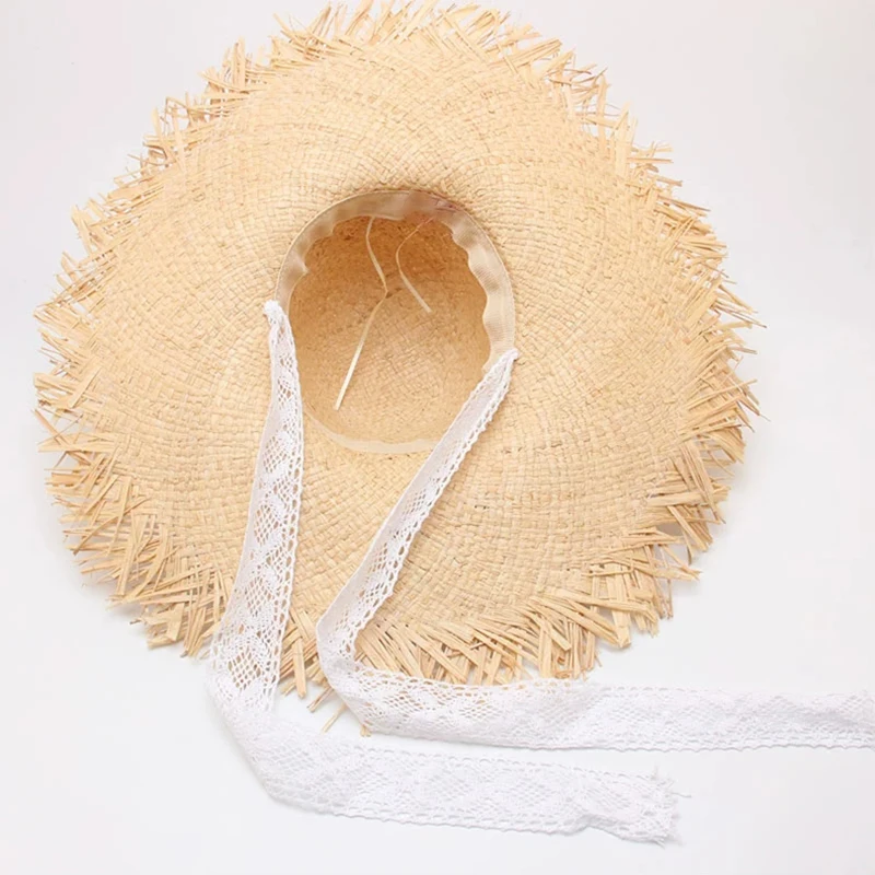 Женские плетеные летние соломенные шляпы с широкими полями для пляжа, белые соломенные шляпы на шнуровке для отдыха на открытом воздухе