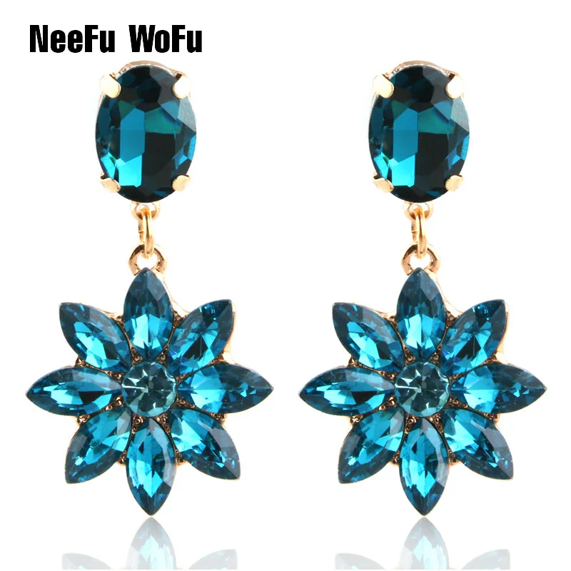 

NeeFu WoFu Drop Rhinestone Earring for woman Crystal glass Earring Sun flower Dangle metal Large Brinco Ear Oorbellen