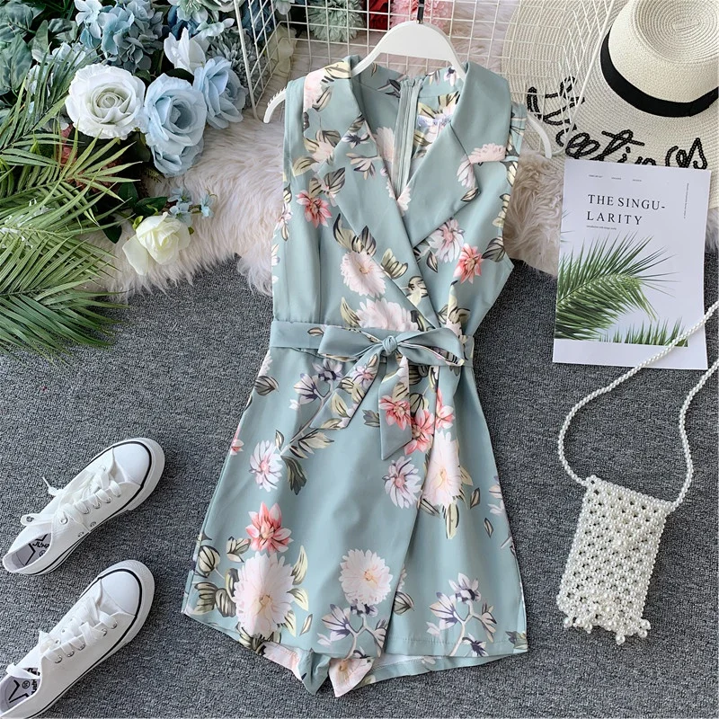 

Amolapha Women Vintage Flower Printed Playsuits Woman Bohemian Print Flora Sashes Waist Short Jumpsuit Outfits