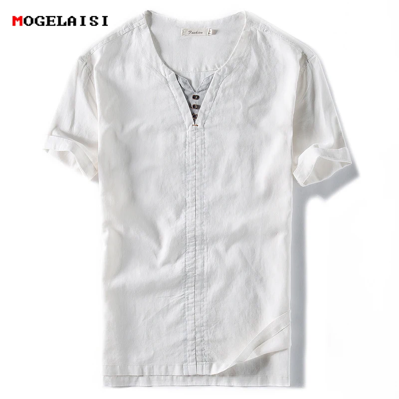 

Brand Linen t shirt Men New 2018 fashion Solid V-Neck Tees Linen Cotton t-shirt For Men Chinese style Short Sleeve white tshirt
