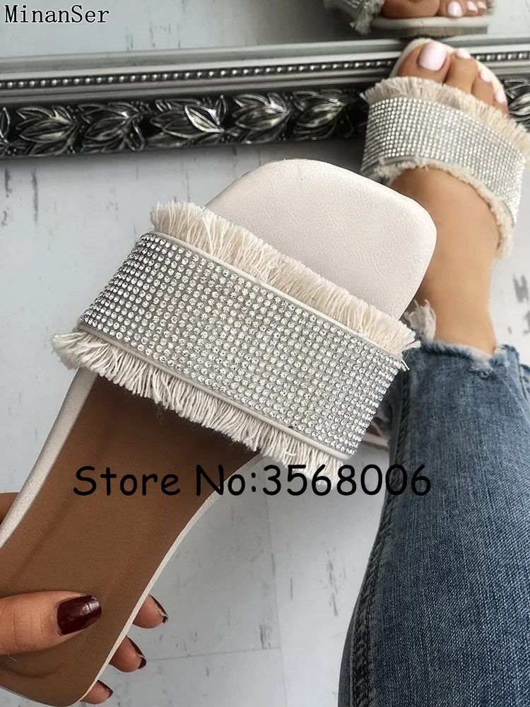 Summer Rhinestone Fringed Hemp Slippers Open Toe Cute Lady Slides Crystal Canvas Woman Flip-flops Shoes Slip-on Flats | Обувь