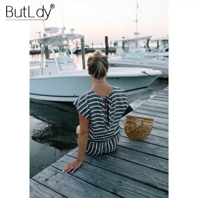 Striped Loose Playsuits Bodysuit Rompers Women Summer 2019 Casual Beach Jumpsuit Shorts Short Sleeve Elegant Overalls For Women