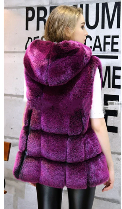 Faux Fur Coat Women Casual Hoodies Warm Slim Pocket Long Sleeve Faux Fox Fur Winter Coat Women casaco feminino Plus Size - Цвет: Purple Sleeveless