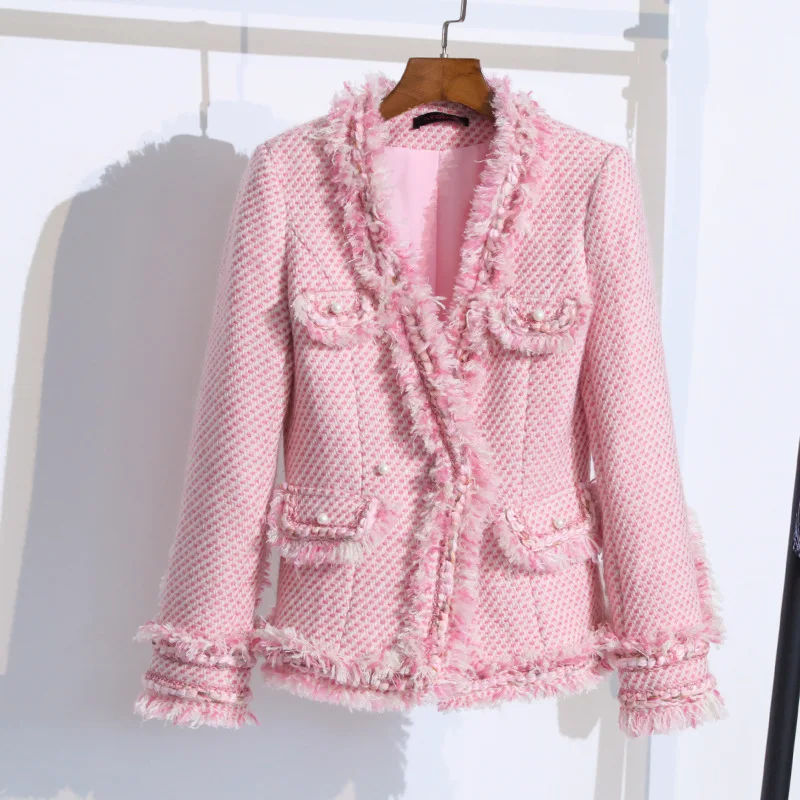 LXUNYI Pink Two Piece Set Women Tweed Skirt Suit Slim Jacket And Skirt High Quality Tassel Woolen Skirts Suits Female Elegant