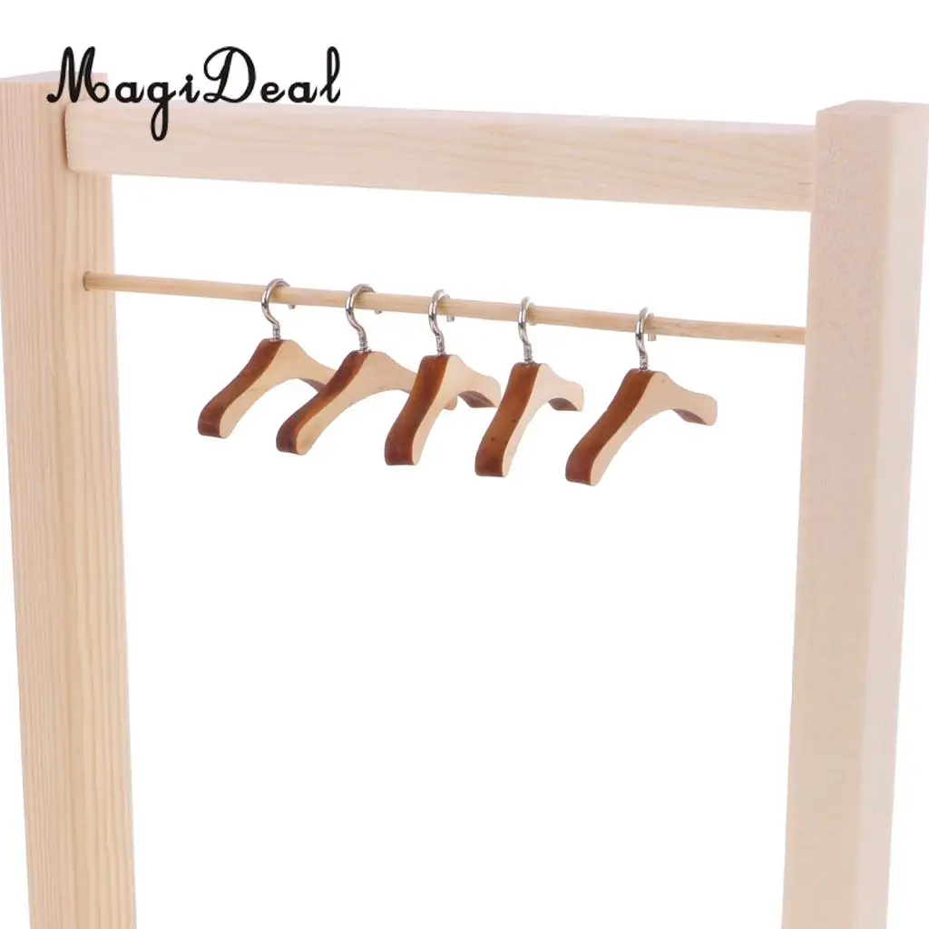 DIY Assembled Wooden Clothes Hanging Shelf&10 Pieces Clothes Hook Hanger for 12 Inch Dolls Dollhouse Bedroom Accs Decor