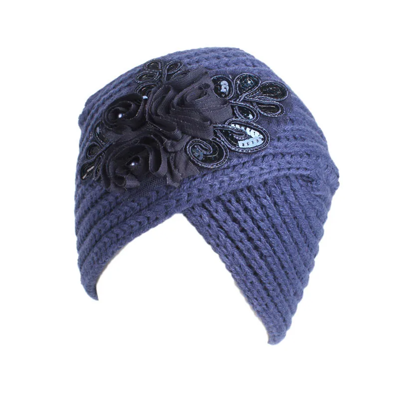 Muslim Vintage Winter Hat Warm Knit Cap Print Flower Beanie Sleep Chemo Turban Headwear Cancer Patients