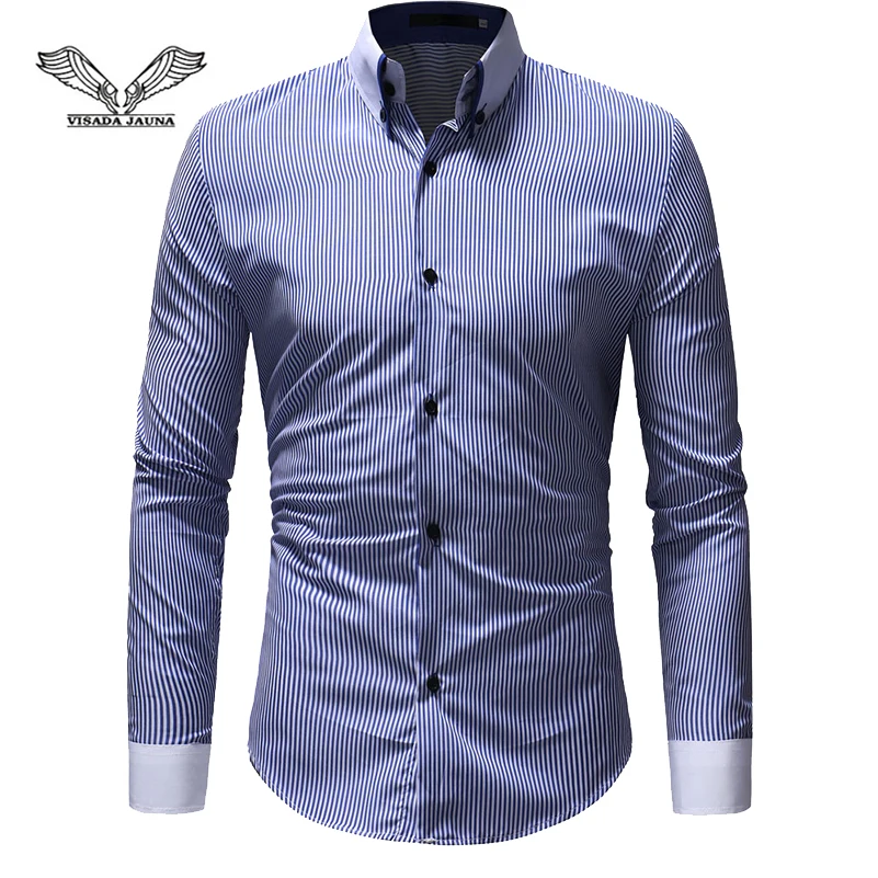 

VISADA JAUNA European And American Men's Slim Striped Print Large Size Casual Long-Sleeved Shirt Size M-3XL TLH61