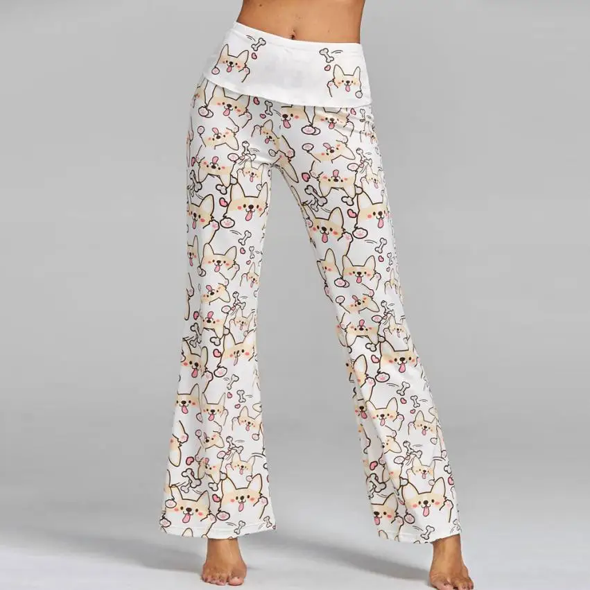 

Feitong Women Dog Printing Bell Bottoms Long Pants Loose Trousers Women 2018 High Waisted Wide Leg Pleated Palazzo Pants