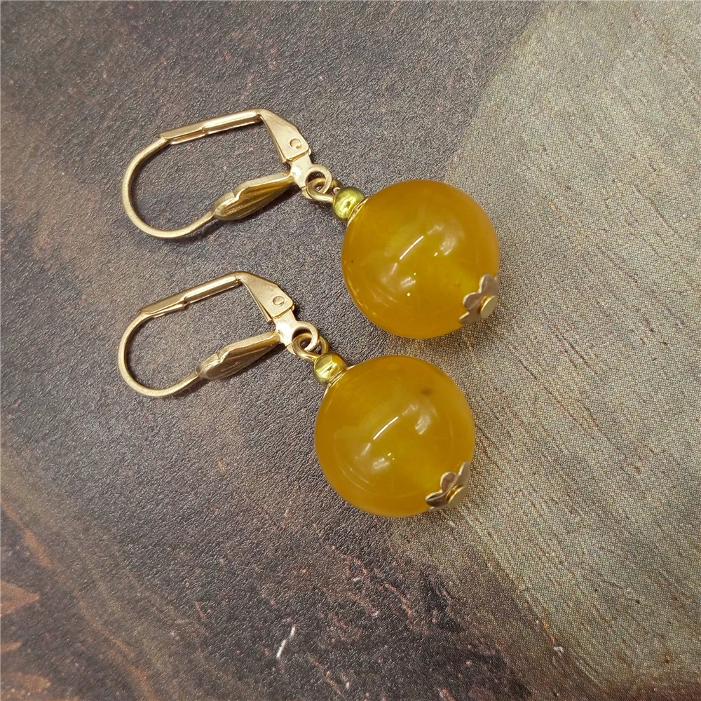 

Vintage Natural Stone Jewelry Simple Beautiful 14mm Round Yellow Topazs Beaded Pendant Drop Earrings for Women