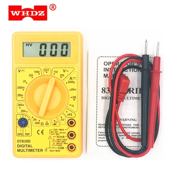 

WHDZ DT 830D Mini Digital Multimeter Buzzer Overload protection Voltmeter Voltage Ampere Ohm Meter Test Probe DC AC LCD Yellow