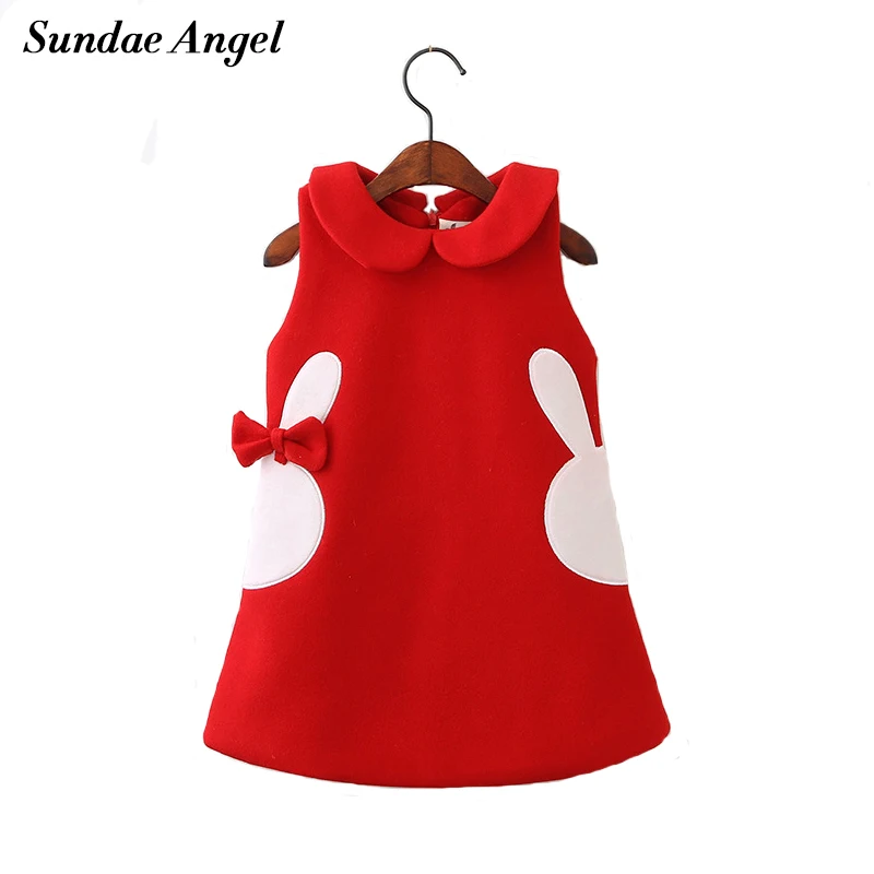 Пломбир, ангел, платье для девочек зима-осень, Детские платья для девочек, без рукавов, хлопок, плотный бант, кролик, узор, красный, 3 цвета, от 2 до 7 лет