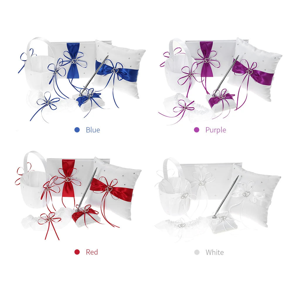5 шт./компл. свадебные украшения, аксессуары в виде двойного сердца из сатина для девочек в цветочек корзина 7x7 ''подносителя колец Подушка Гостевая книга ручка держатель