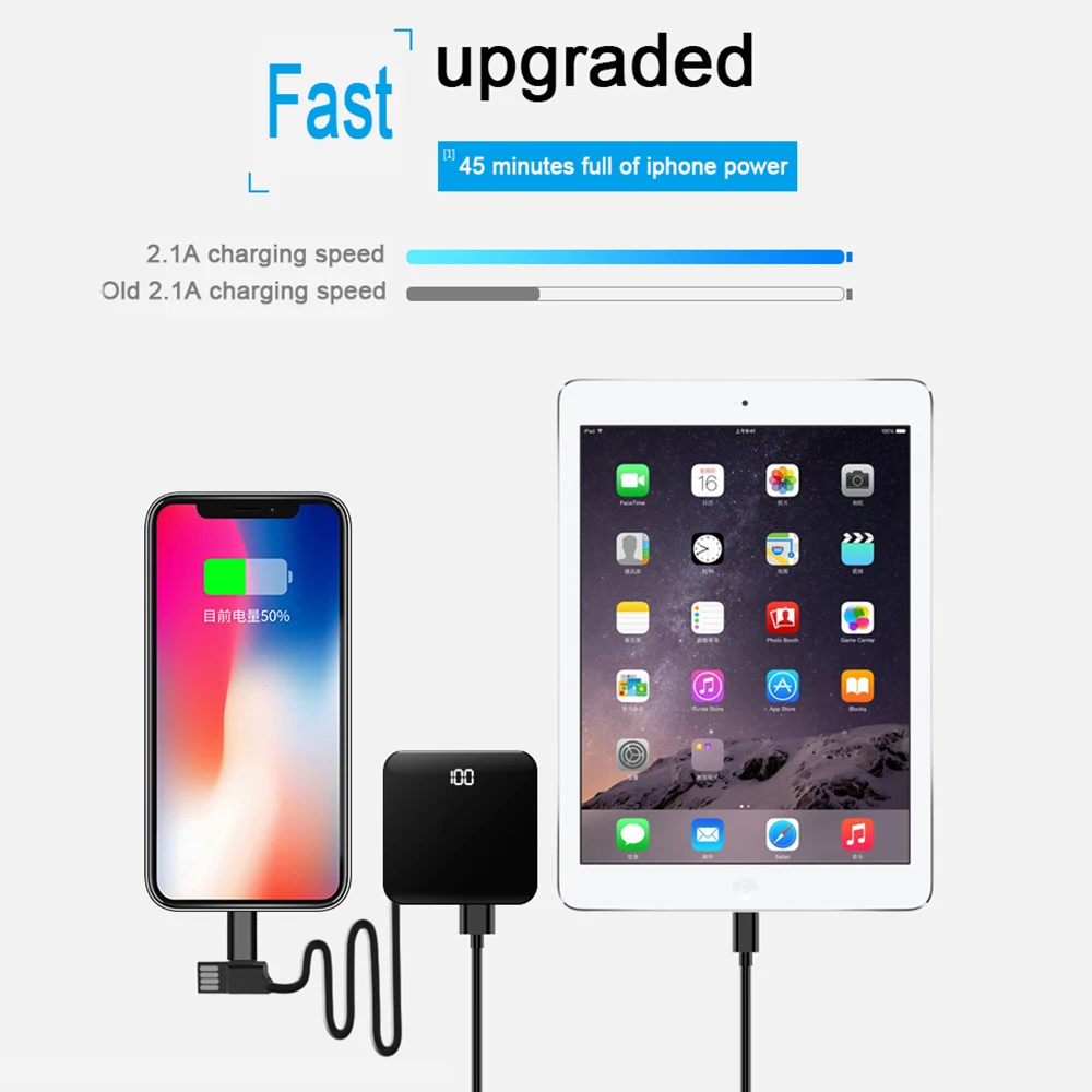 LEMFO Mini Power Bank 10000mah Thin Mirror Screen 2.1A Fast Charging 3 in 1Built-in Line Wireless Charger Powerbank 10000 Mah