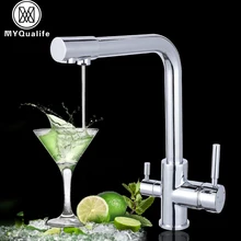 Роскошные хром латунь чистой воды Кухня кран с двойной ручкой горячей и холодной питьевой воды 3-х полосная фильтр Кухня смесители
