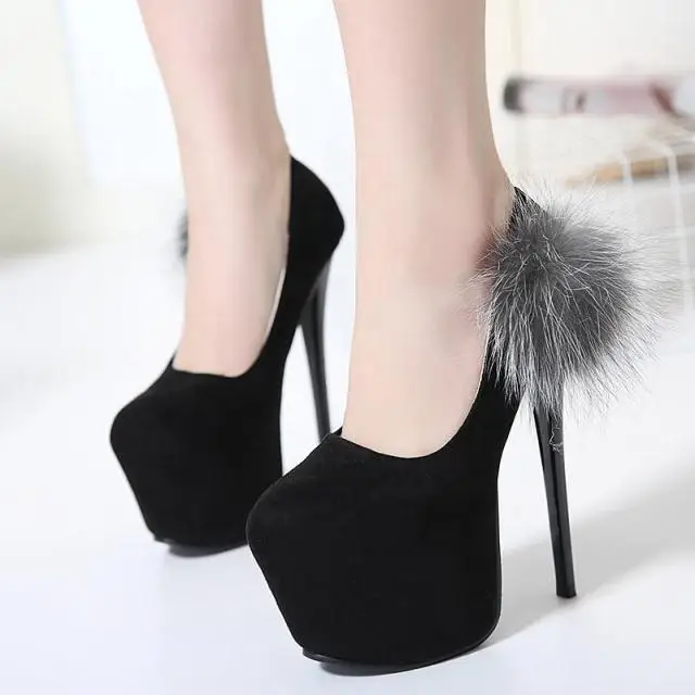 The new high heeled shoes with fine Suede sexy shallow mouth shoes Fox fur shoes