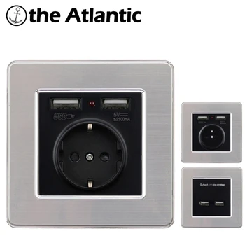 

EU France Standard Dual USB Outlet Port 5V 2.1A Wall Charger Adapter LED Indicator 16A Socket Power Outlet Stainless Steel Panel