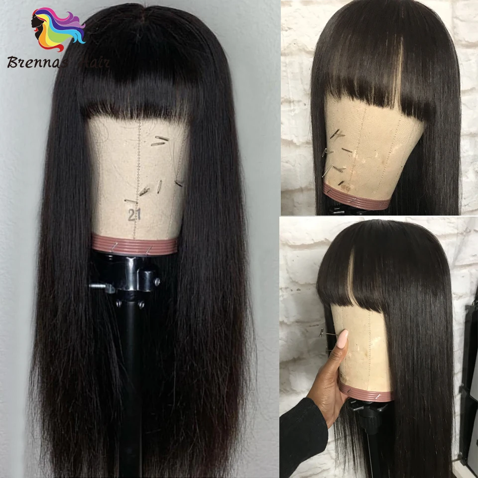 Straight lace frontal wig with bangs Brazilian human hair glueless front lace wig For Black Women Pre Plucked bleached knots