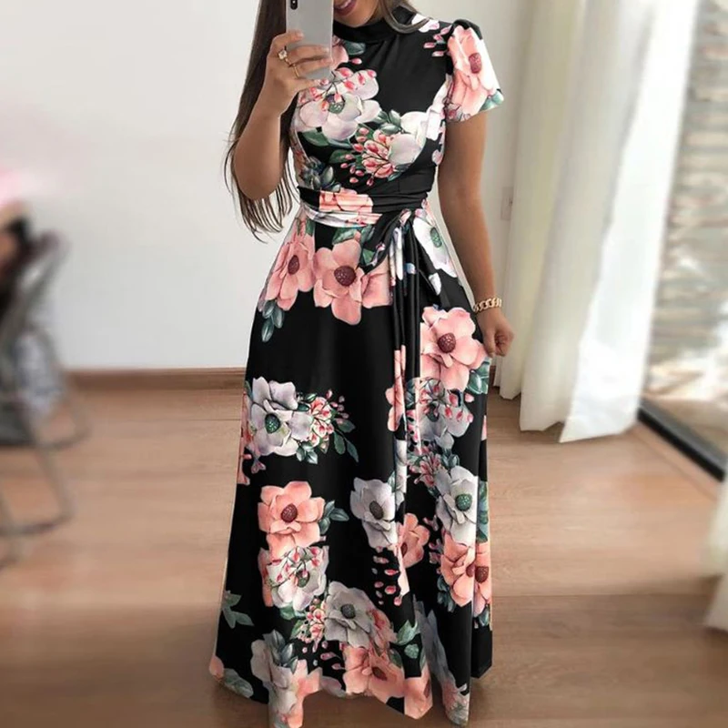 BBYES Autumn Fashion Floral Print Belt Stand Collar Short Sleeve Long Dress Vintage Maxi Dress
Casual Party Dresses Vestidos