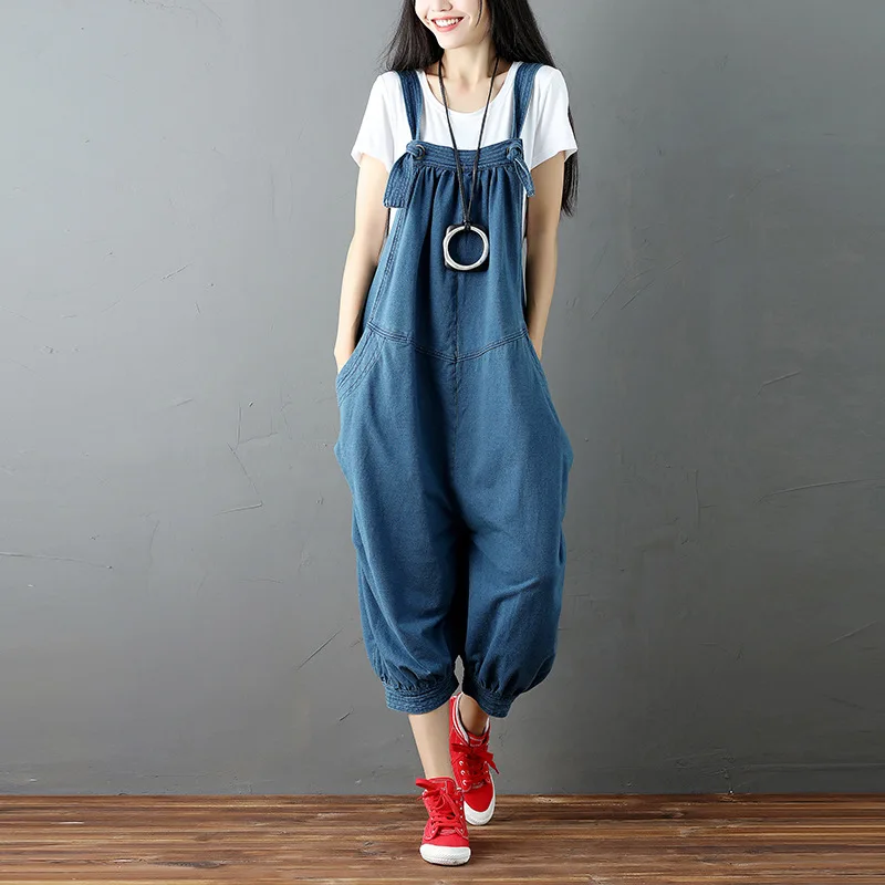 New Spring Women Wide Leg Pants Ripped Denim Overalls