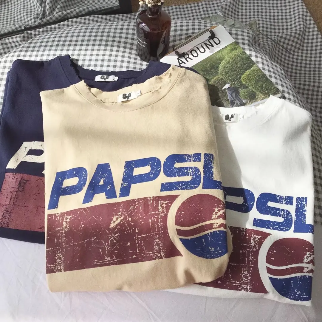 

Korean Harajuku Pepsi Letter Printing Cotton Tshirt Men loose short-sleeved T-shirt Distressed Classic Logo trend of lovers Tee