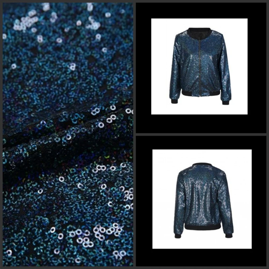 Autumn Women Sequin Coat Blue Bomber Jacket Long Sleeve Zipper Streetwear Jacket Preppy Loose Casual Basic Coat Casaco Feminino
