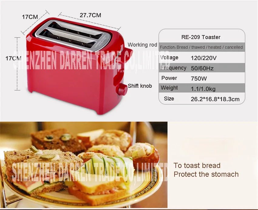 Новое поступление бытовой Тостер машина RE-209 домашний автоматический 2 ломтика тостер хлебный для завтрака тостер печи 750 Вт 220 В Горячая
