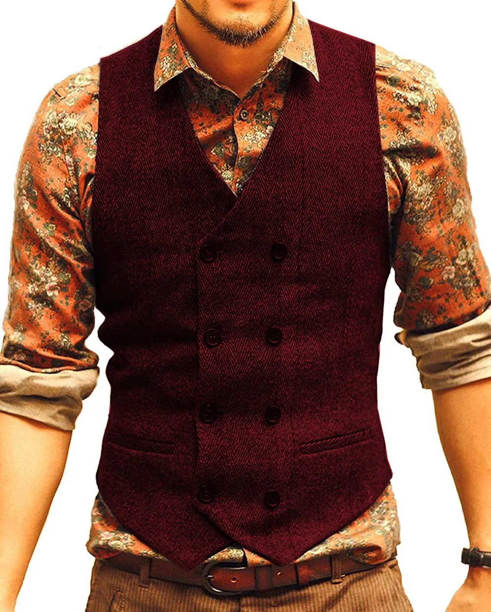 Mens Suit Vest V Neck Wool Herringbone Casual Formal Business Double-breasted Waistcoat Groomman For Wedding Green/Black/Brown 6