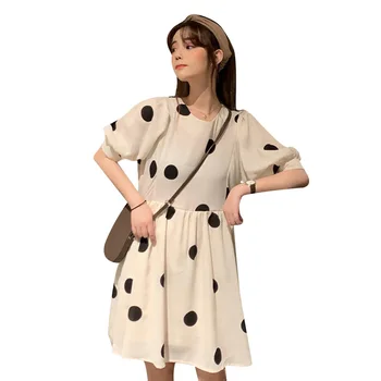 

2019 New Summer Chiffon Dress Polka Dot Boho Beach Dress Vintage Ruffles Short Sleeve Loose Party Mini Dress Sundress Vestidos