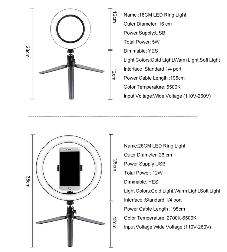Фотография СВЕТОДИОДНЫЙ селфи кольцо света 16 см/26 см затемнения камера телефон кольцо лампа с настольные штативы для youtube видео для студий
