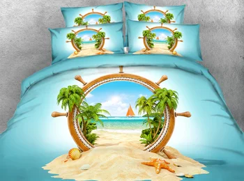 

JF-160 Beautiful Ocean Rudder tree and shell print Blue Color bed sheet set 4pcs