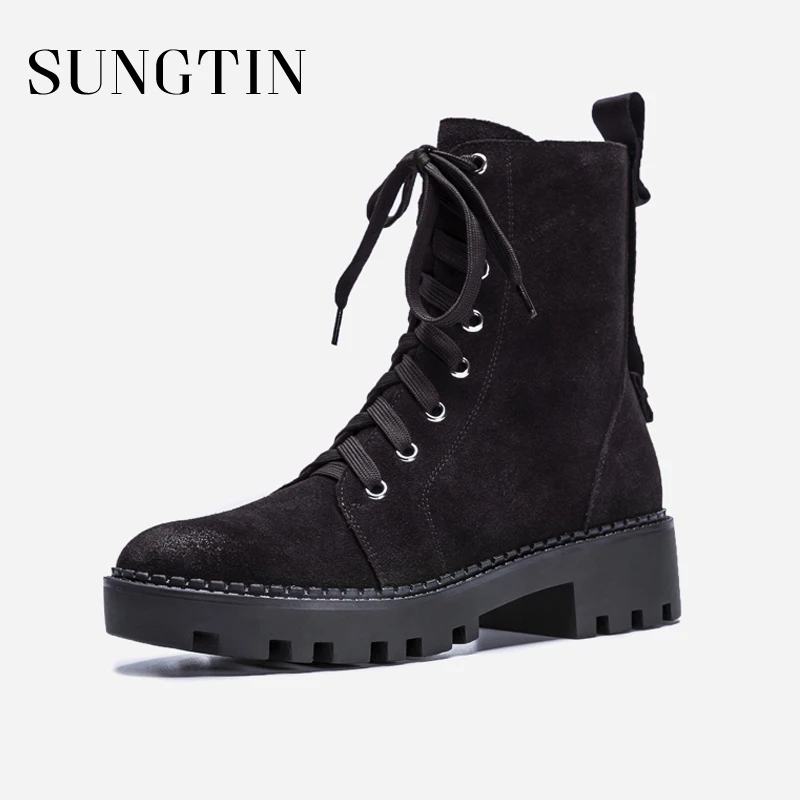 

Sungtin Handmade Genuine Leather Riding Boots Black Lace-up Motorcycle Boots Women Casual Flat Ankle Boots Winter Short Boots