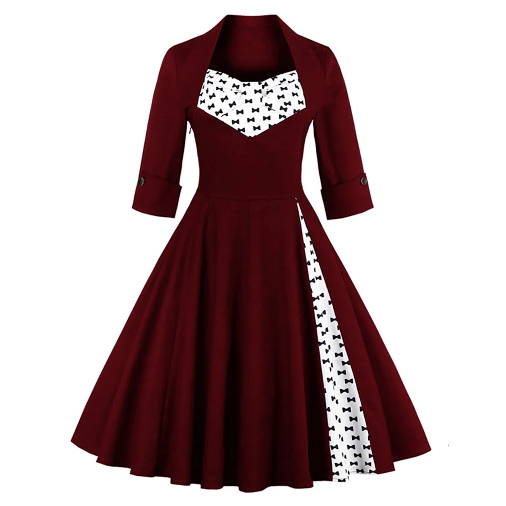 Goede Ons Verzending Vrouwen Plus Size Herfst Jurk Lange Mouwen Vintage Rode Jurk Patchwork Jurk Bloemen Retro Casual Party Swing Vestidos