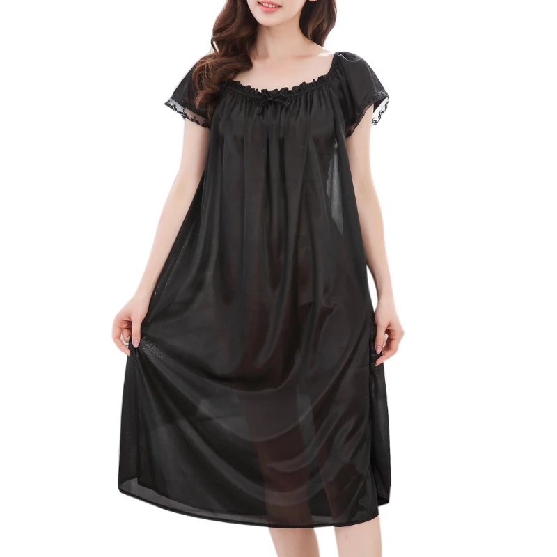 Женская летняя кружевная шелковая длинная ночная рубашка с коротким рукавом свободного размера плюс ночная рубашка XL Однотонная ночная рубашка Домашняя одежда N9_D - Цвет: Like Pic