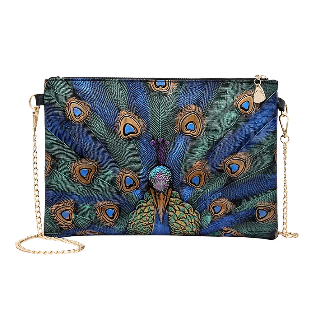 

2019 Vintage Women Leather Handbag Peacock Animal Prints Shoulder Bag For Women Messenger Bag Day Clutch Evening Bags